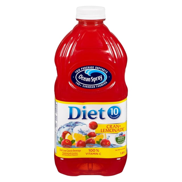 Ocean Spray Diet Cran•Lemonade™ Low Calorie Beverage in a 1.89 L plastic bottle with white cap, containing red juice. Label highlights 10 calories per 250 mL serving, real fruit juice, and 100% vitamin C. Suitable as a low-calorie fruit juice blend often enjoyed with sparkling water or spirits.