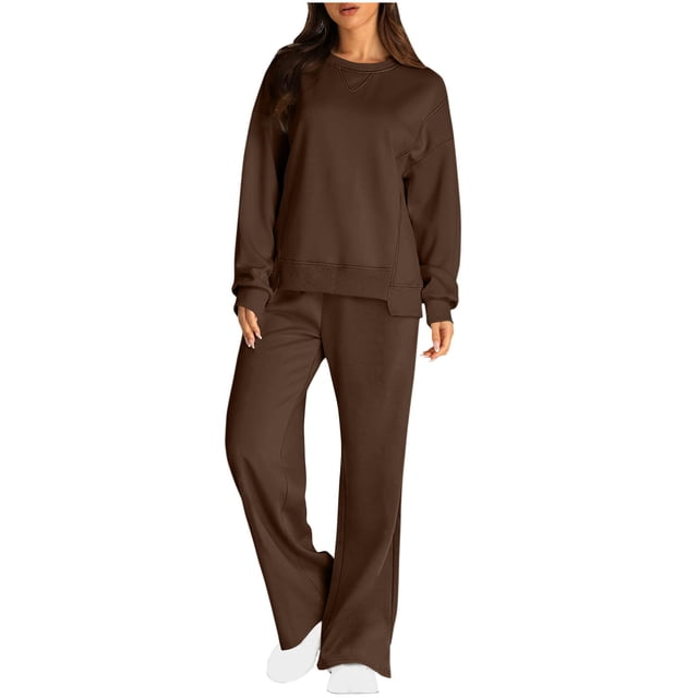 Pisexur Ensembles Deux Pièces pour Femmes Automne Couleur Unie Chandails à Manches Longues à Col Rond Pantalons de Survêtement Amples à Jambe Grand Ensembles de Survêtement Femmes Tenue 2 Pcs Tenue Décontractée de Voyage Tenues de Vacances pour Femmes