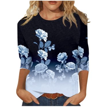 IROINNID en Solde T-shirt à Manches Longues en Polyester pour Femmes T-shirt Imprimé Confortable Blouse Col Rond Hauts, Marine