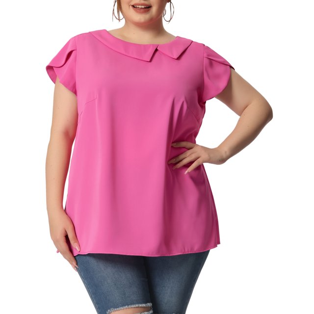 GRACE & GRANDEUR Women's Plus Size Summer Solid Cap Short Sleeve Chiffon Blouse Hot Pink 3X
