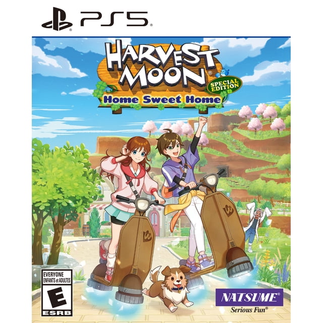 Harvest Moon: Home Sweet Home Special Edition (PS5) cover showing two animated characters riding brown hover scooters on a village path with a happy dog running ahead, surrounded by green trees, pink cherry blossoms, terraced hills, and a clear blue sky.