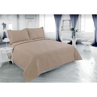 Marina Decoration Solid Embossed Pinsonic Coverlet Bedspread Bedding Ultra Soft Summer Quilt Set with Shams, Taupe Color