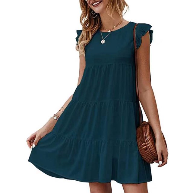 UKAP Robe T-Shirt pour Femme, Robe d'Été Évasée, Courte Mini, Simple Boho Bleu-Vert TG