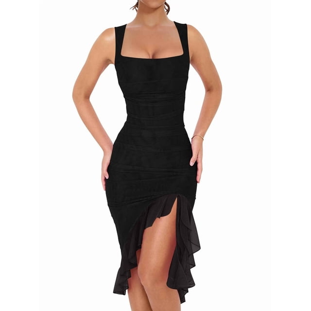 Robes Midi Moulantes Froncées pour Femmes, Encolure Carrée, Sans Manches, Ourlet à Volants, Robe Débardeur de Boîte de Nuit et de Fête