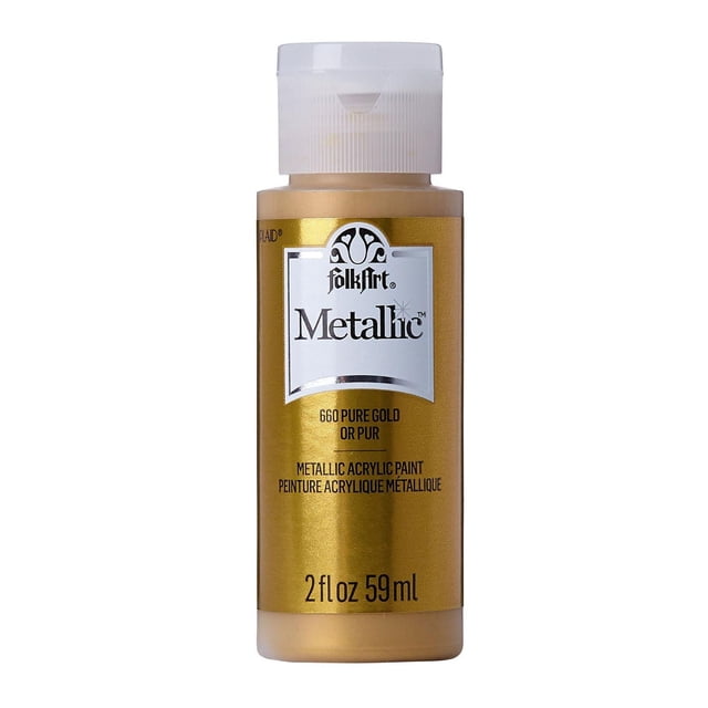Folkart Metallic Acrylic Paint Pure Gold, 2 fl oz bottle with a shiny gold label and white flip-top cap, featuring metallic acrylic paint that dries to a shiny metallic finish, suitable for wood, paper, canvas, and DIY arts and crafts projects.