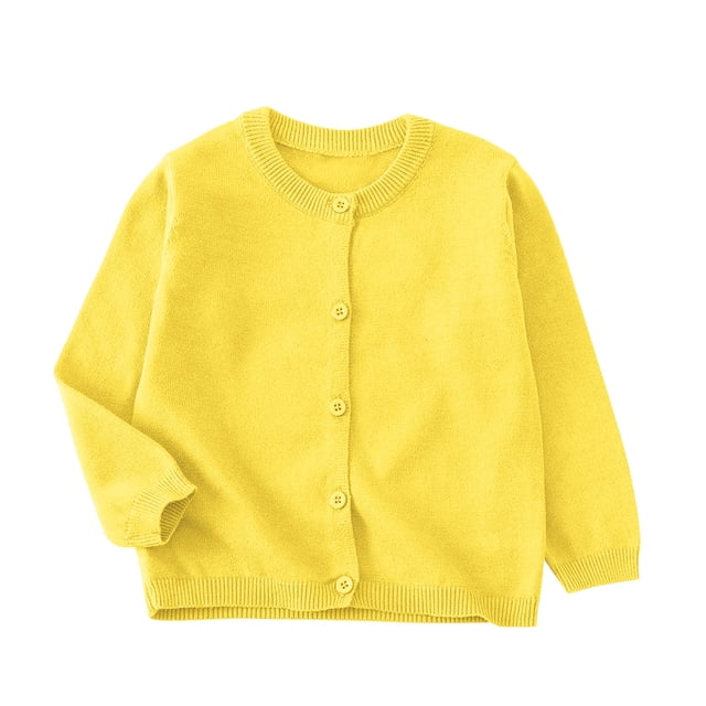 SROBPTY Girls Fall Cardigans, Children's Solid Color Long Sleeve Fleece Knitted Cardigan Round Neck Sweater Yellow 2-3 Years