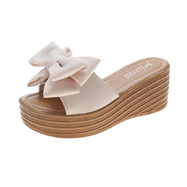 Leutsin Women Bowknot Beach Summer Slippers Platform Slope Heels Plus Size Shose