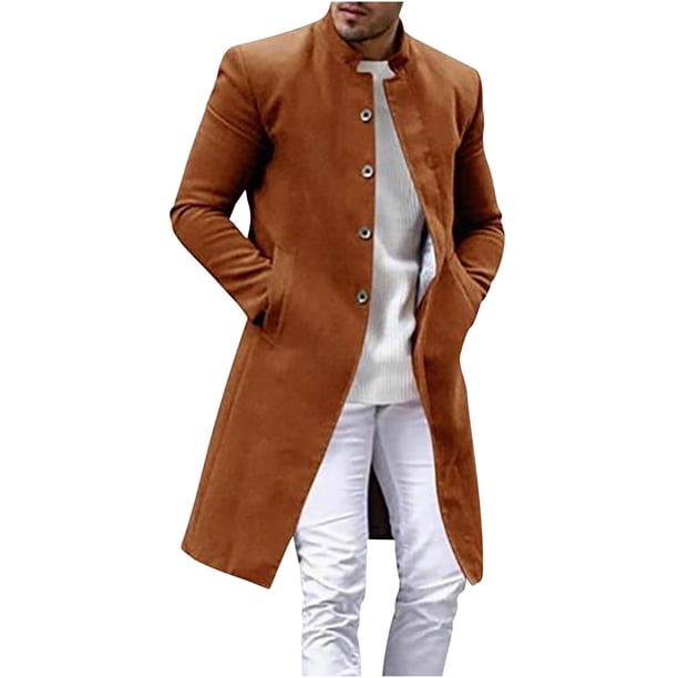 EQWLJWE Mens Black Trench Coat Stand Mandarin Collar Single