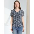 thumbnail image 2 of Unique Bargains Blouse Florale pour Femmes V Cou Détendre Hauts à Manches Courtes, 2 of 5