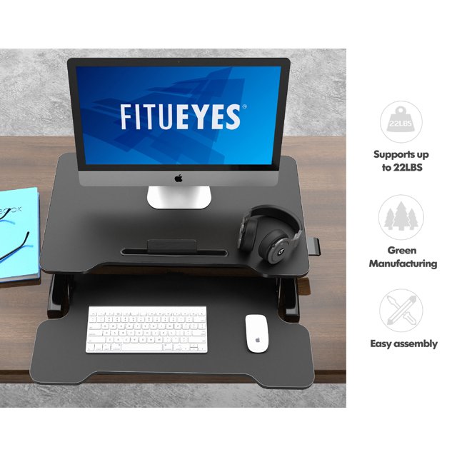 FITUEYES Height Adjustable Standing Desk with Smart Phone Holder Slot & Large Keyboard Tray for Laptop Computer Used in Home Office