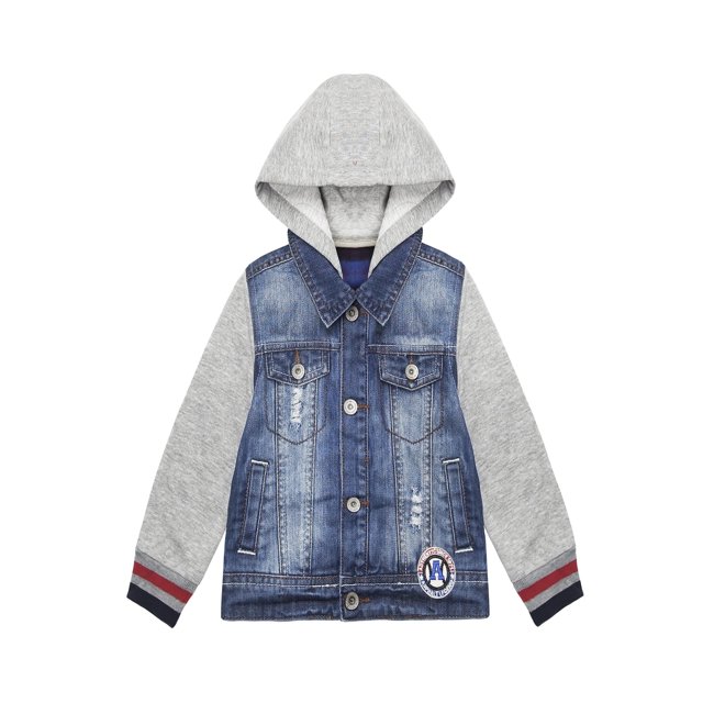 KIDSCOOL SPACE Little Boy Grey Hooded Elastic Sleeves Jean Jacket Coat,7-8 Years