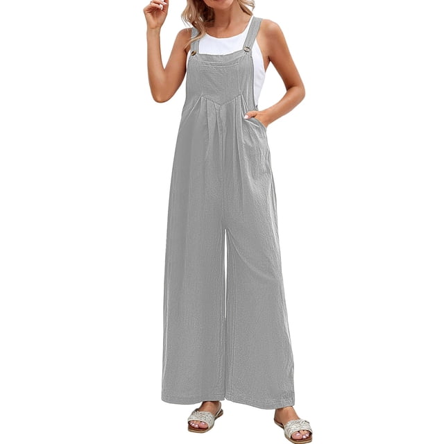 B91xZ Salopette Femme Col Carré Sans Manches Décontractée en Lin Ample avec Poche, Gris TG