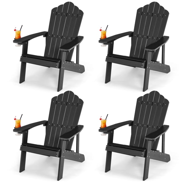 Patiojoy Chaise Adirondack 4 Pcs Hanches Chaise Adirondack avec Porte-Gobelet Grain de Bois Réaliste Chaise d'Extérieur Résistante aux Intempéries pour Capacité de Poids de 380 Lb Noir