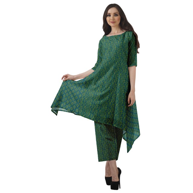 Moomaya Ensemble Kurti Kurta Pantalon pour Femmes Col Bateau Imprimé Robe 2 Pcs Tenue Ethnique