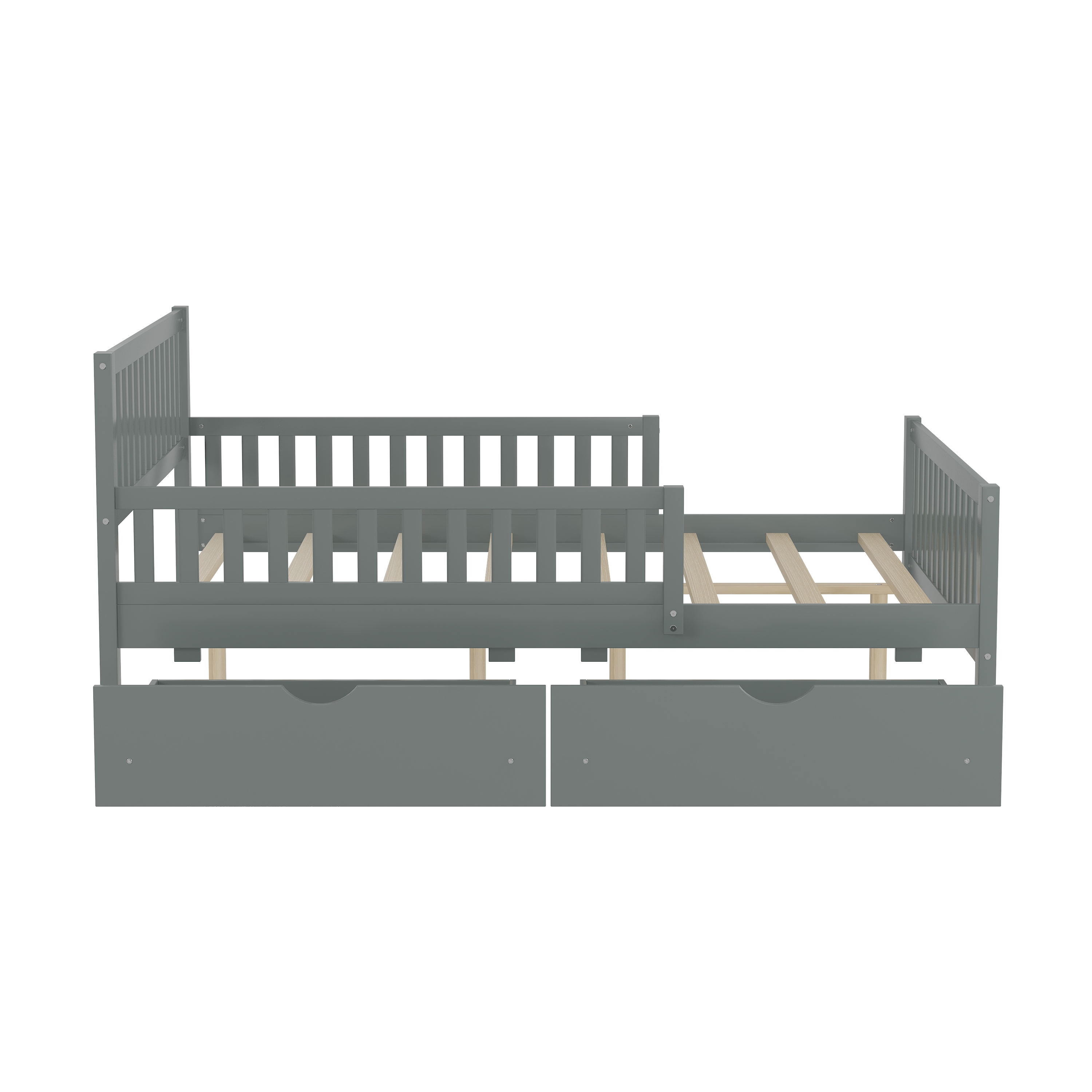 Homy Casa Lit plateforme double en bois avec garde - corps et deux tiroirs de rangement, gris, cadre robuste, design moderne pour chambre