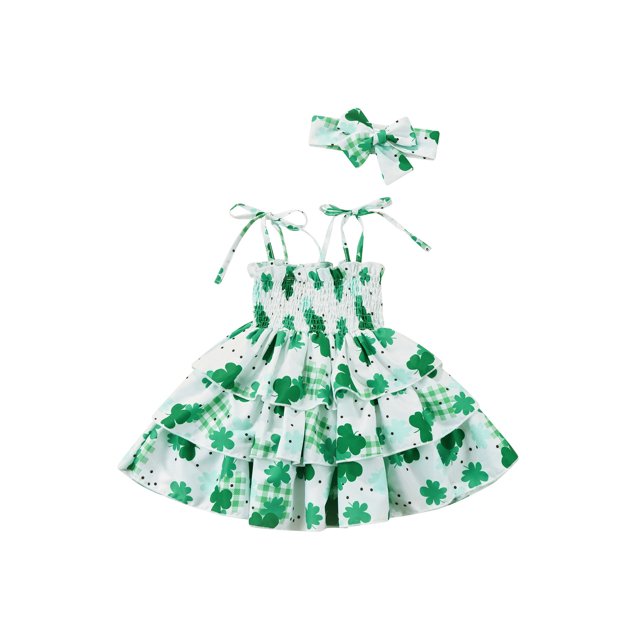 Xingqing Robe de Saint-Patrick pour Bébé Fille Sans Manches à Bretelles Spaghetti + Bandeau