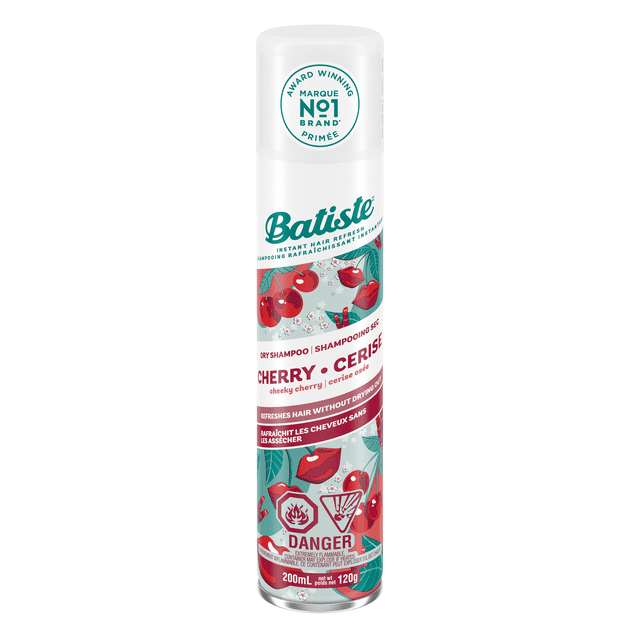 Batiste Dry Shampoo Spray, Cherry Scent, 200-ml can with cherry and lips graphics, scent-releasing technology, and flammable warnings, instantly refreshes hair by absorbing oil without water, ideal for travel size personal care.