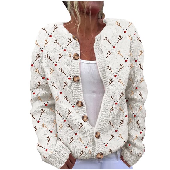 yoeyez Chandail de Noël Laid Femme Mignon Xmas Ouvert Cardigan à Boutons Chandail Automne Hiver Manteau Tricoté Multicolore G