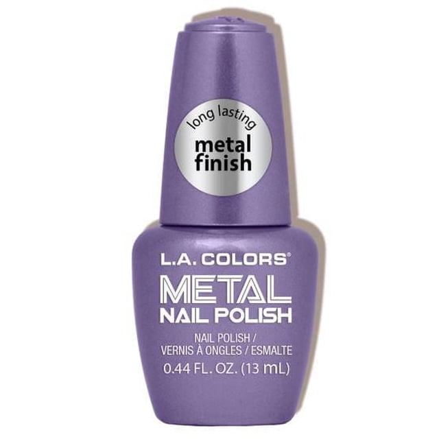 Metal Nail Polish - Majestic by L.A. COLORS in a purple bottle with a long-lasting metal finish label, containing 0.44 fl. oz. (13 mL) of quick-drying, chip-resistant nail polish suitable for vibrant manicures and smooth application.