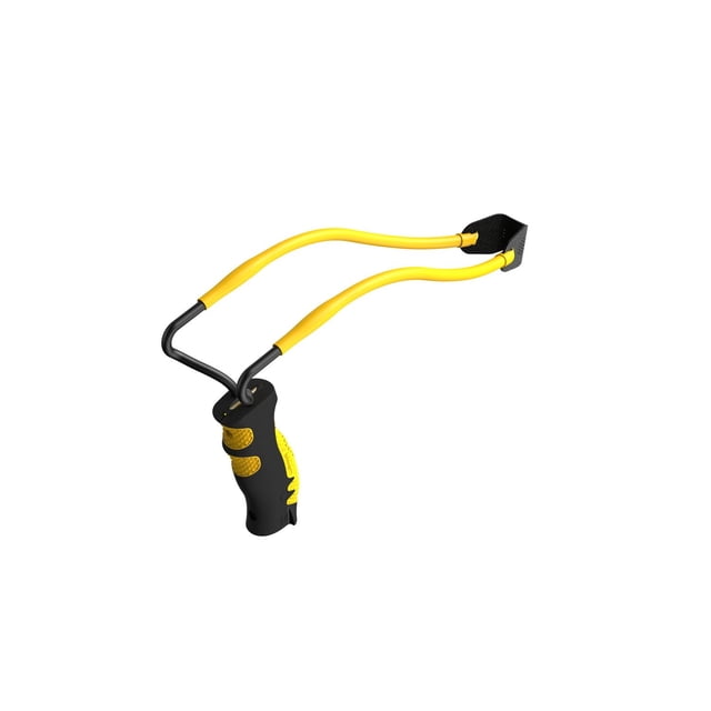 Barnett King Rat Ambush Slingshot with a black ergonomic handle featuring yellow diamond-textured grips, yellow elastic bands connected to a black brushed leather center shot pouch, designed for accurate shooting and easy carry in hunting and sports recreation, also suitable for target practice.