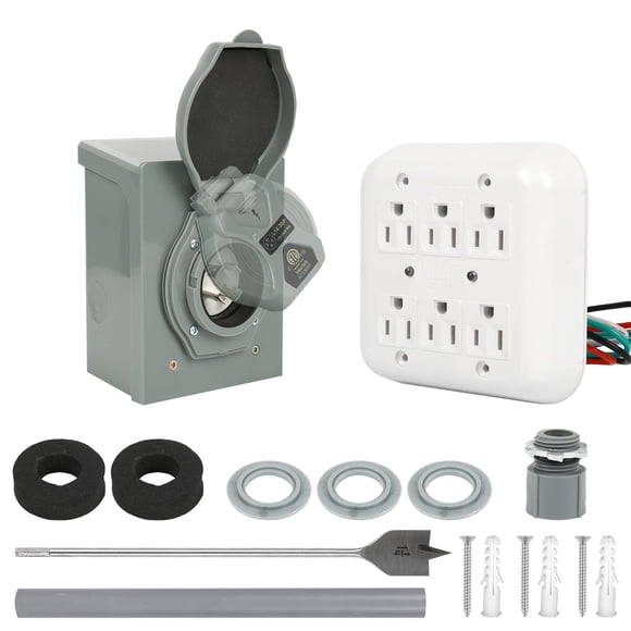30Amp PWR Transfer Kit with LED L14-30P to 6x5-15R, 7500W Through-The-Wall PWR Generator Set Home Connection Kit Outdoor Power Cord Inlet Box Control Box