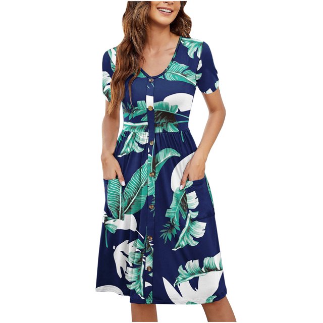 Birdeem Robe Femme Décontractée Aguichant Mode Été Manches Courtes Ample Imprimée Ajustée Poche Boutons Col en V