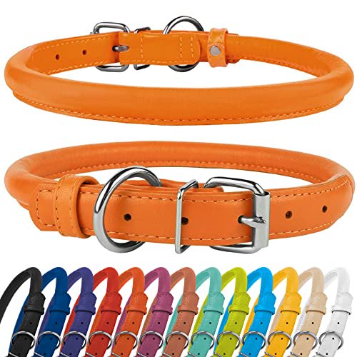 CollarDirect Collier pour Chien en Cuir Roulé, Collier Rond Rembourré Doux, Collier en Cuir Véritable Fait Main Petit Grand Collier pour Chat 13 Couleurs (14-16 Pouces, Orange Texturé)