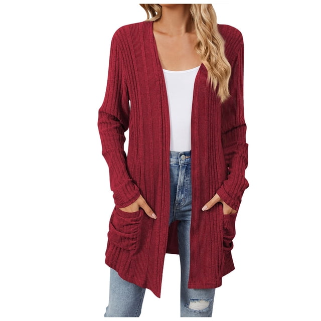 Gubotare Cardigans pour Femmes Légers à devant Ouvert Cardigans Décontractés Amples Chandail d'Automne 2025 avec Poches (Vin,G)