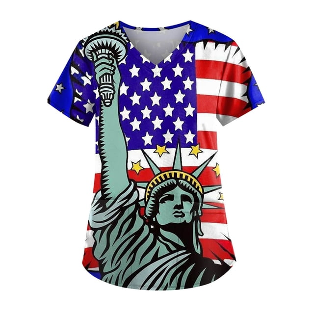EQWLJWE Chemises pour Femmes Liquidation T-Shirts pour Femmes Independence Day T-Shirt à Col en V Décontracté à Manches Courtes Imprimé avec Poches Hauts pour Dames Blouse Uniforme