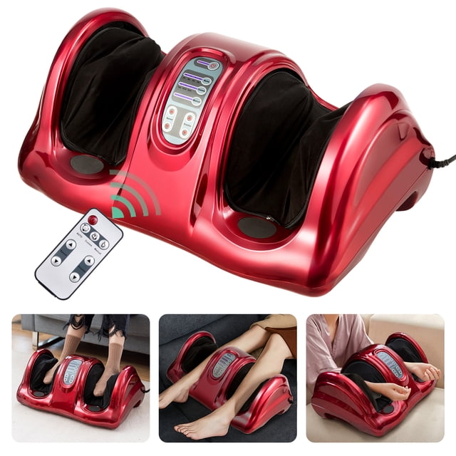 Gymax Rolling Foot Massager Shiatsu Foot Massage Machine in red with remote control. Features a compact ABS design with black fabric-lined foot compartments and a rolling bar for deep Shiatsu massage. Includes a touch panel for adjustable settings and a wireless remote for convenience. Shown in use providing relaxation, relieving foot stiffness, and promoting blood circulation.