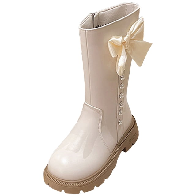 Curenmufel Riding Boots for Girls Girls Knee High Ankle Boots Zipper Thick Sole Tall Riding Booties Non Slip Fleece Lined Round Toe Soft Warm Shoes Size 13 (White,Little Kids 13)