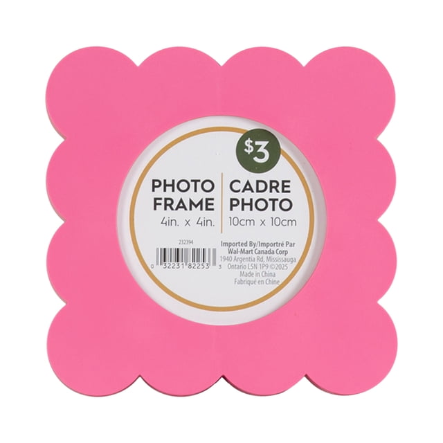 Scalloped 4x4 Pink Decorative Tabletop Picture Frame with a bright pink scalloped edge and round photo opening for a 4-inch by 4-inch photo, suitable for home décor on mantels, desks, or walls with an attached easel for tabletop display.