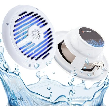 Gravity Marine Speakers - 6.5 Inch 2 Way Waterproof and Weather Resistant Outdoor Audio Stereo Sound System with LED Lights, 350 Watt Power and Low Profile Slim Style - 1 Pair - MG660 (White)