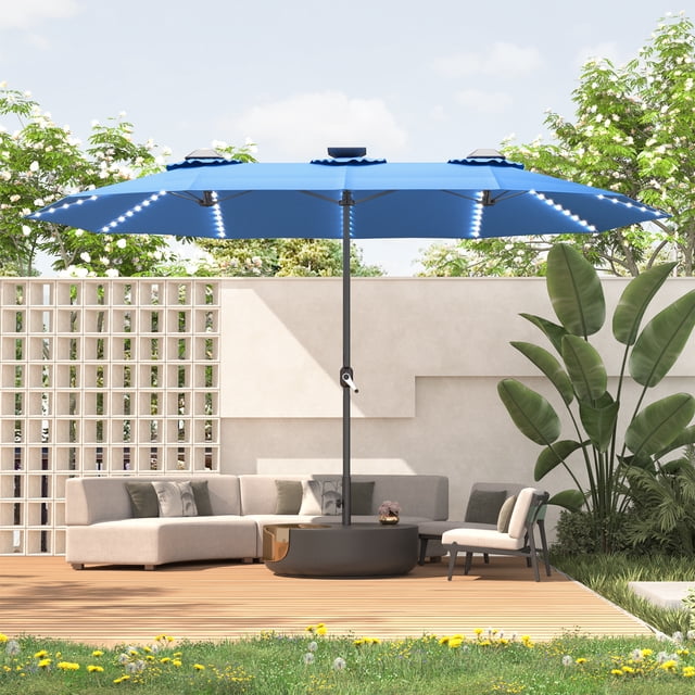 YODOLLA 15FT Double-Sided Patio Umbrella with Solar Lights, Rectangular Outdoor Umbrella, Dark Blue