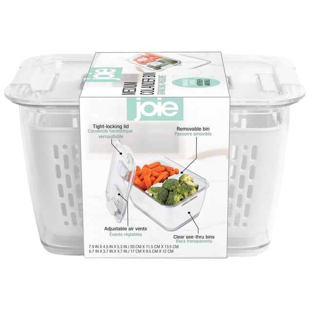 JOIE COLANDER BIN medium clear plastic kitchen colander bin with removable insert that doubles as a divider, tight-locking lid, and adjustable air vents, shown holding broccoli and baby carrots, suitable for food straining and kitchen storage organization.