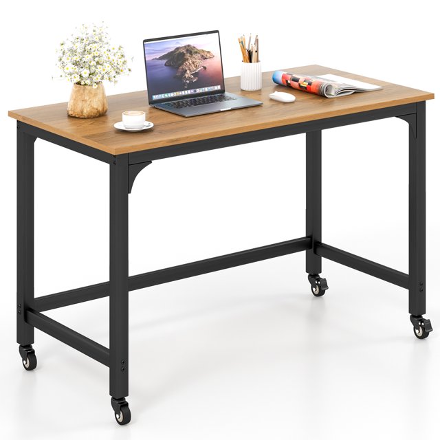 Costway Bureau d'Ordinateur Roulant Cadre en Métal Table pour PC Portable Dessus en Bois Poste de Travail d'Étude