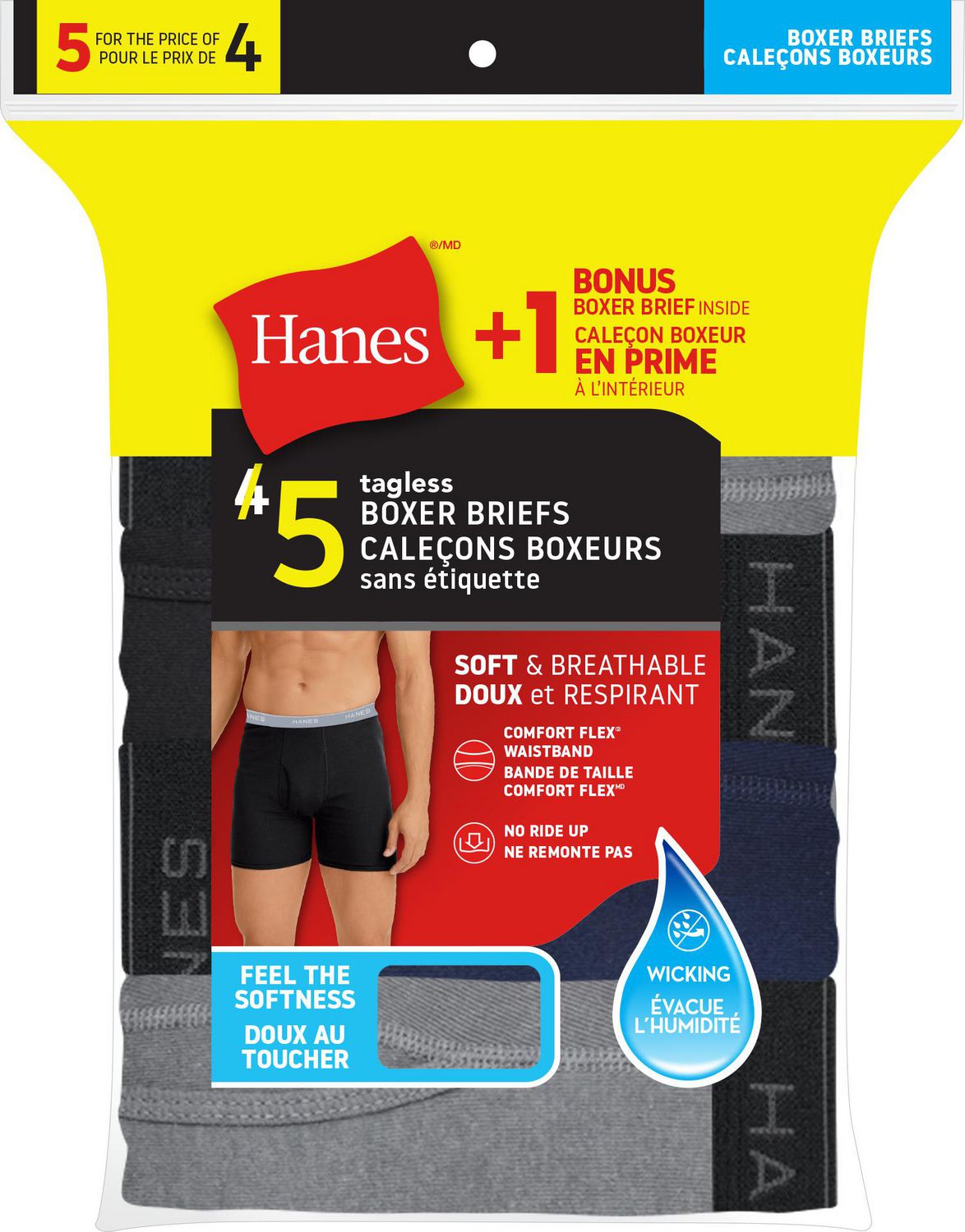 Calecons boxeurs Hanes Comfortsoft sans etiquette pour hommes, extensibles, coupe moderne, frais et respirants – paquet boni de 4 + 1