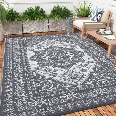 GlowSol 8x10 Outdoor Rug for Picnic Beach Deck-Outdoor Waterproof Patio Rug Indoor Outdoor Vintage Medallion Area Rug Reversible Rug, Gray/White