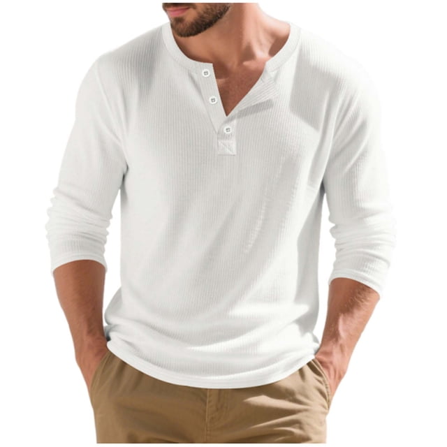 Wdfiry Men's Tops Solid Color Loose Plus Size Henley Tshirt Comfortable Fall Button Crewneck Long Sleeve Undershirts