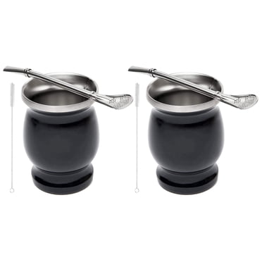 2X Ensemble de Thé Yerba Gourde Mate en Acier Inoxydable à Double Paroi Café Eau Maté Tasse à Thé avec Cuillère Paille Bombilla 8Oz,2 x Tasse 2 x Cuillère Paille 2 x Brosse de Nettoyage,Noir