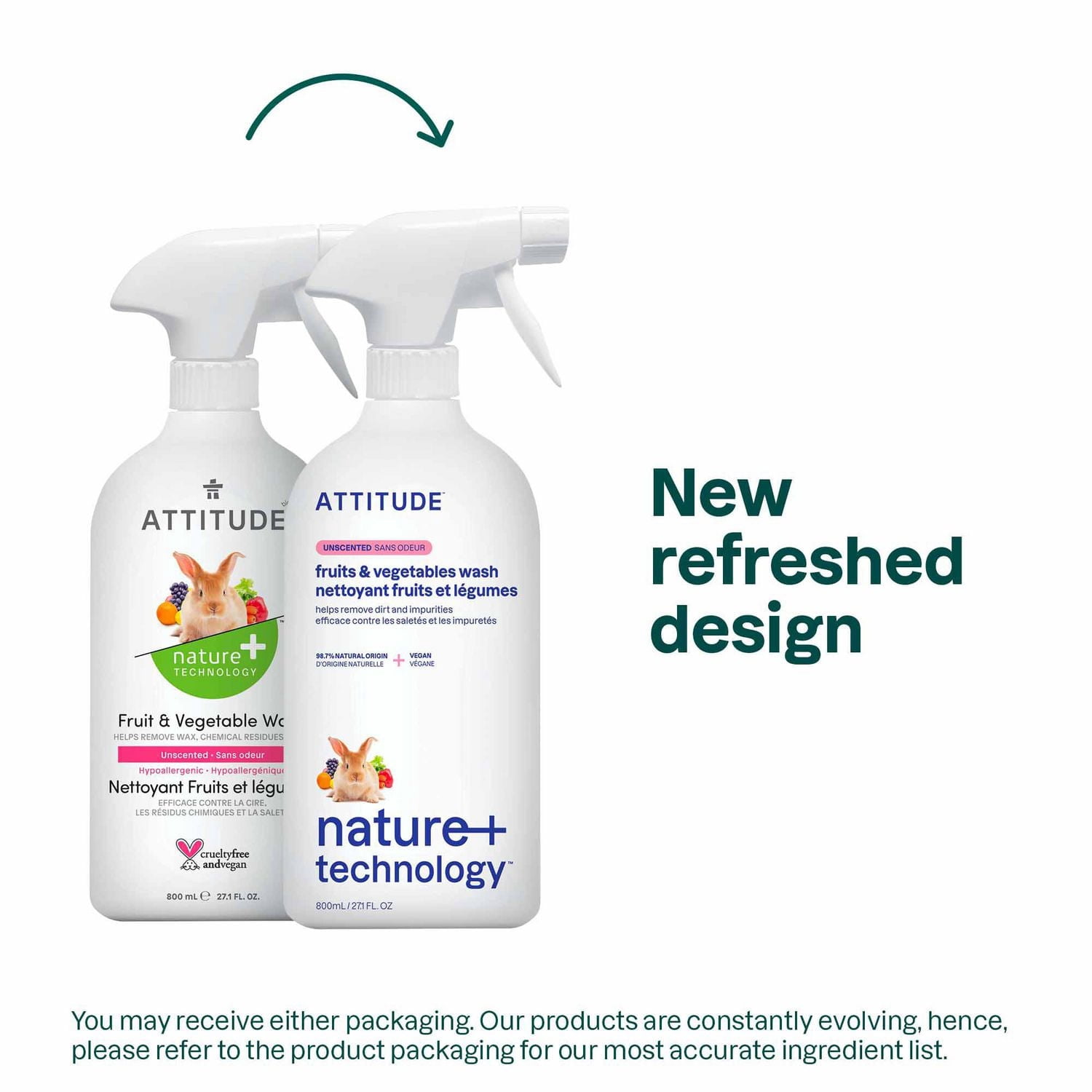 ATTITUDE nature+ technology, Nettoyant pour Fruits et Légumes, Sans Odeur, 800ml
