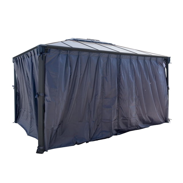 Palram Martinique 4300 Gazebo Shade Curtain Kit with four dark grey waterproof polyester curtains featuring zippered panels and corner post tie-backs, installed on a metal gazebo frame for full outdoor privacy, UV resistance, and easy maintenance.