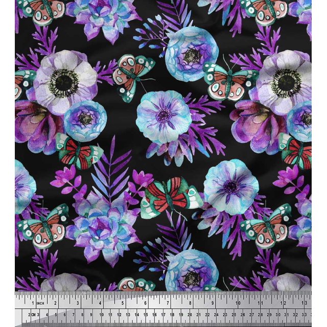 Soimoi Tissu Georgette Poly Violet Feuilles, Insectes et Fleurs d'Anémone Imprimés au Mètre 52 Pouces de Large