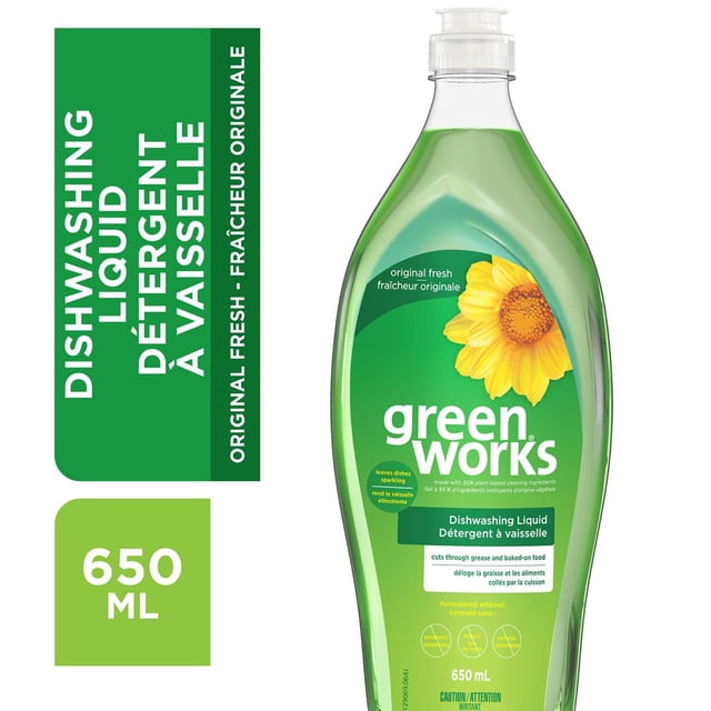 Green Works Dishwashing Liquid in a clear 650 mL bottle with a green label featuring a yellow sunflower, made with 95% plant-based ingredients to cut through grease and baked-on food, lightly scented with original fresh fragrance for effective household dishwashing.