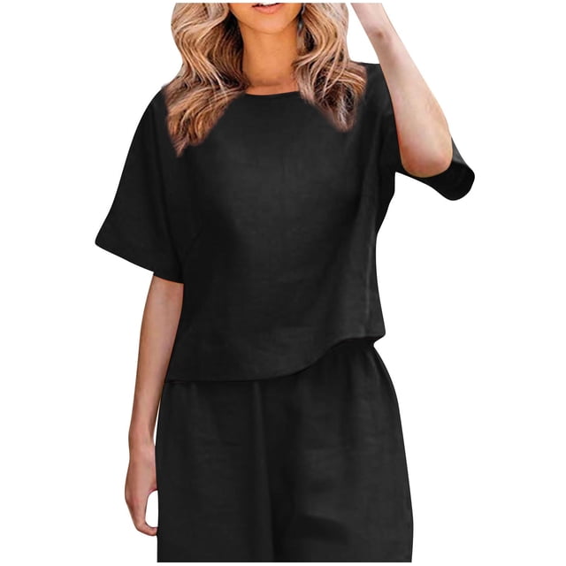 Timegard Hauts pour Femmes Été Coton Lin Manches Courtes Col Rond Léger T-Shirt Basique Décontracté Ample Hauts