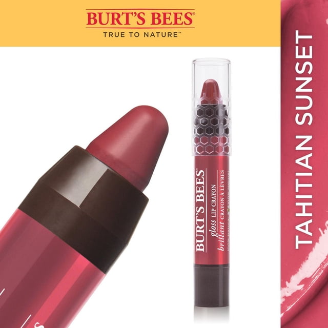 Burt's Bees Ligneur pour les Lèvres à Lèvres Brillant 100 % Naturel en Teinte Coucher de Soleil Tahitien Montré en Gros Plan et en Vues Complètes, Présentant une Couleur rose Foncé Crémeuse avec une Calotte Claire à Motif Hexagonal et une base Brune, Conçu pour une application de Couleur de Lèvres Lisse et Hydratante avec des Ingrédients Naturels.