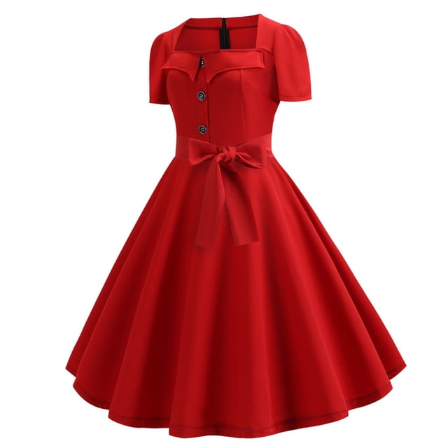 Robe Vintage Évasée pour Femmes, Ligne A, Nœud, Bal, Swing, Manches Courtes, Pois, Unie, Robe de Soirée