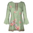 thumbnail image 4 of Pompotops Women's Casual Trumpet 3/4 Sleeve Printed Buttoned Basic Ruched Tops Pleated T-shirts Blouses On Sale, 4 of 5