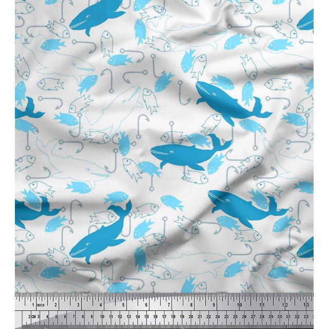 Soimoi Polyester Crepe Fabric Fishing Hook,Fish & Whale Ocean Print Fabric by Yard 52 Inch Wide