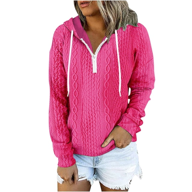Besolor Womens Fall Fashion Quarter Zip Hoodies Sweatshirts Casual Long Sleeve Solid Color V Neck Drawstring Pullover Tops